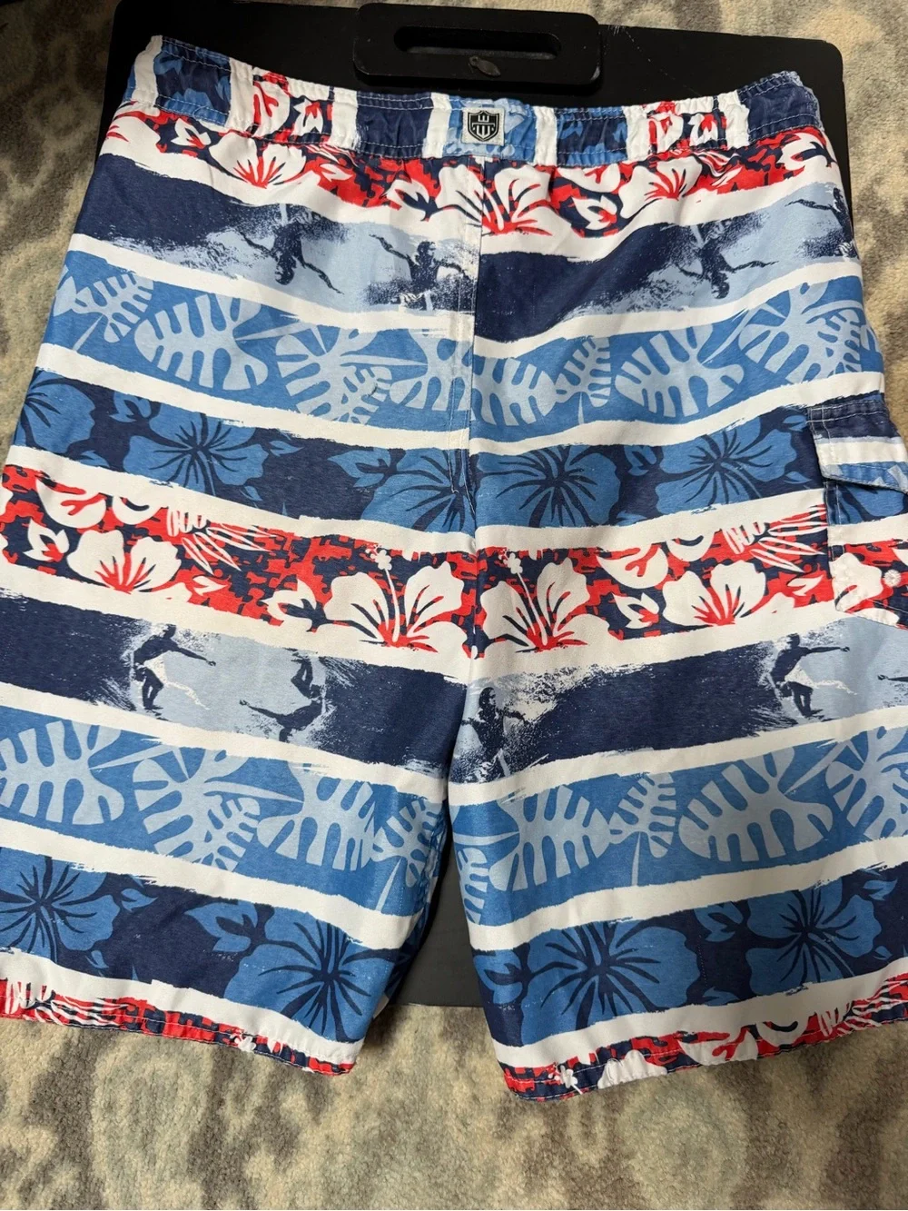 Red, White & Blue Tropical Stripe Youth Swim Trunks